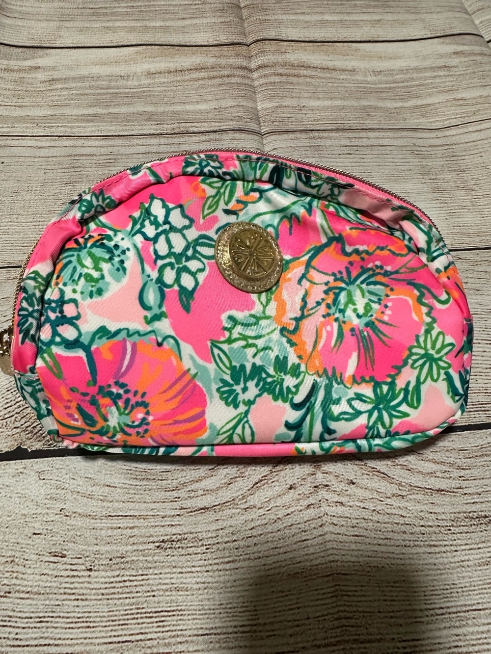 Lilly Pulitzer Pink Floral Zip Pouch with Gold Medallion
